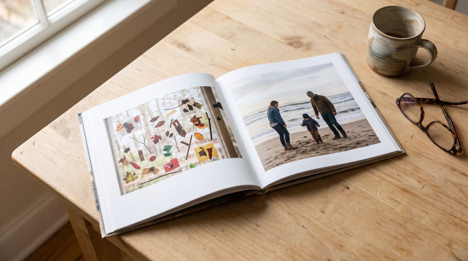 An open family photo book on a kitchen table, with a photo of children's leaf art from school on one page and a family beach photo on the other